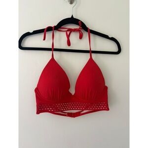 Shade & Shore Red Laser Cut Halter Bikini Top 36B Padded Swimwear